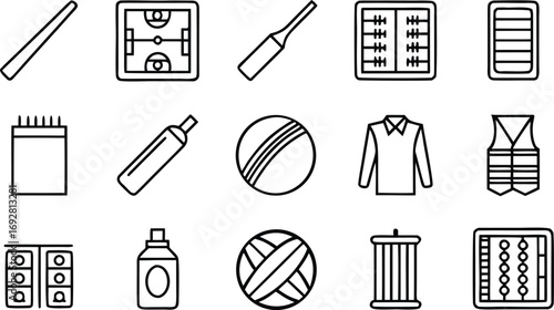Cricket equipment icons set includes bat, ground, ball, helmet, pad, glove, uniform, and other gear for the sport, perfect for illustrating articles, websites, or apps