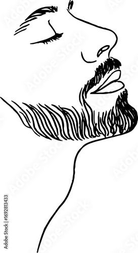 Minimalist line art illustration of bearded man profile face, black white aesthetic design.
