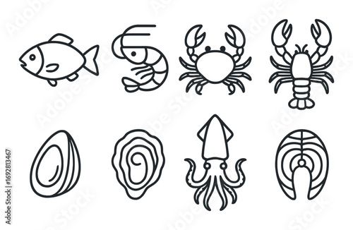 Monochrome seafood icons: fish, shellfish, crustaceans, and mollusks on dark background