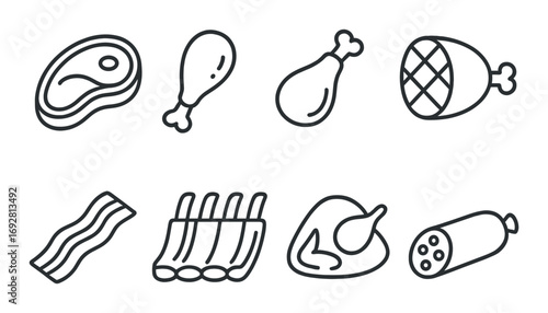 Assorted meat icons: steak, chicken drumstick, ham, bacon, ribs, turkey, salami