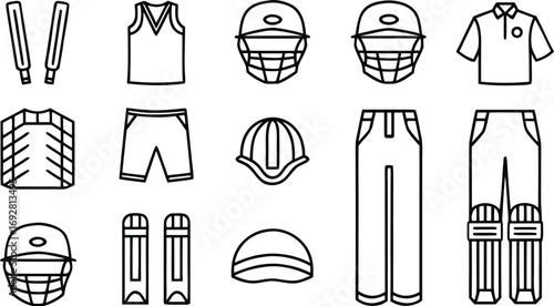Cricket uniform icons set includes bat, helmet, pad, glove, uniform, and other gear for the sport, perfect for illustrating articles, websites, or apps