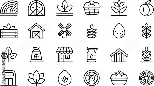 Collection of farm and agriculture related icons contains various elements like barn, crops, fruits, and tools in a simple line art style
