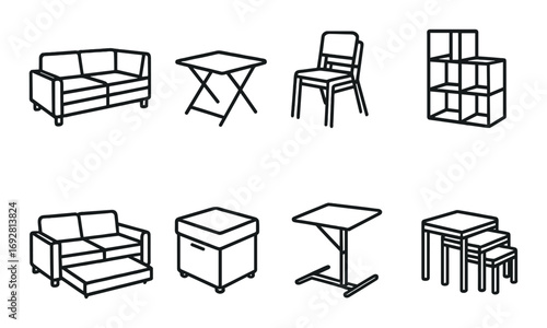 Set of minimalist furniture icons: sofa, table, chair, shelves, and more