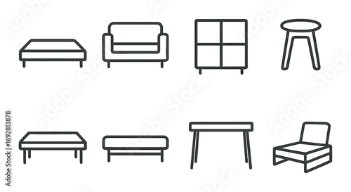 Minimalist furniture icon set on subtle gradient background