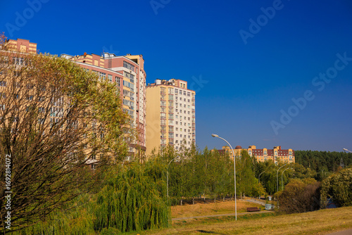 Photography City view, modern buildings and skyscrapers against the blue sky.