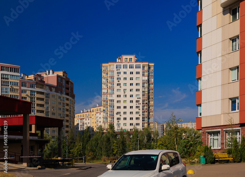 Photography City view, modern buildings and skyscrapers against the blue sky.
