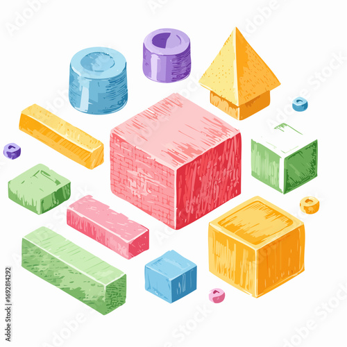 Funky abstract isometric geometric shapes and forms. Crayon drawn playful 3D figures. Set of isometric simple childish constructions.