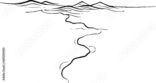 Minimalist line art illustration of a serene seashore with mountain horizon for design use