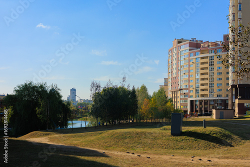 Photography City view, modern buildings and skyscrapers against the blue sky.