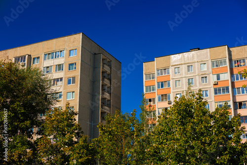 Photography City view, modern buildings and skyscrapers against the blue sky.