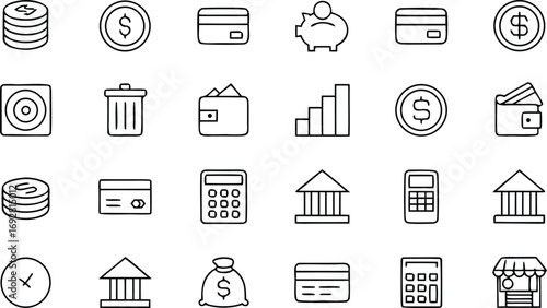 Set of finance icons in line style includes coin, credit card, piggy bank, wallet, graph, calculator, bank, and other money symbols