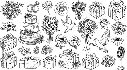 Wedding Elements Collection. Set of Hand Drawn Wedding Illustrations with Rings, Cake, Flowers, Doves, Gifts and Microphone. Vector Design for Invitations, Greeting Cards and Posters