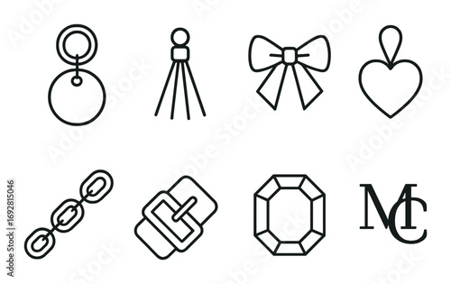 Elegant jewelry icon set: earrings, bow, heart, gem, chain, logo designs