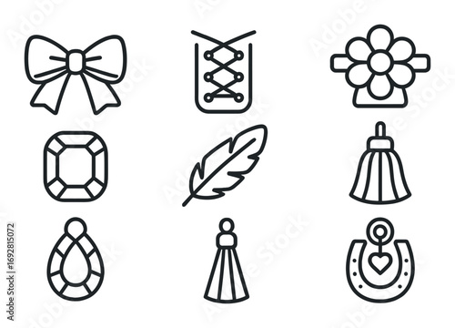 Elegant jewelry icon set featuring bows, diamonds, feathers, and more