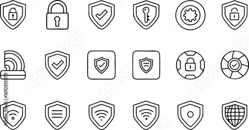 Set of security icons in line style includes shield, lock, key, wifi, and other protection symbols for website and app design