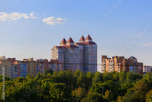 Photography Cityscape on a sunny day, modern buildings and houses