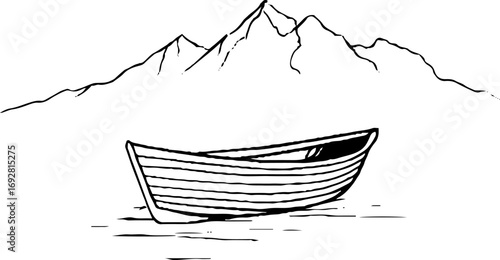 Minimalist line art of a small boat with mountain scene for aesthetic decor and design