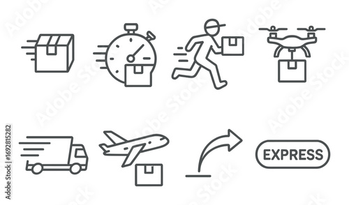 Fast delivery icons including truck plane drone running person timer and express sign