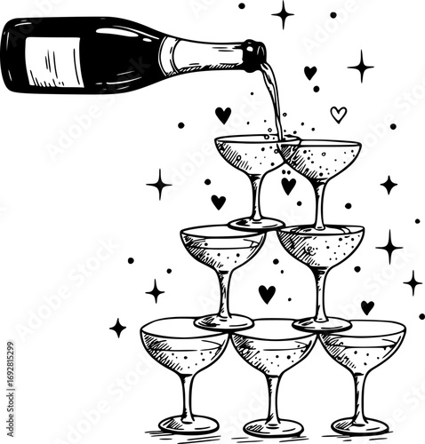 Hand Drawn Champagne Tower Illustration. Bottle Pouring into Stacked Glasses with Hearts and Sparkles for Greeting Cards, Invitations, Posters, Banners and Postcards