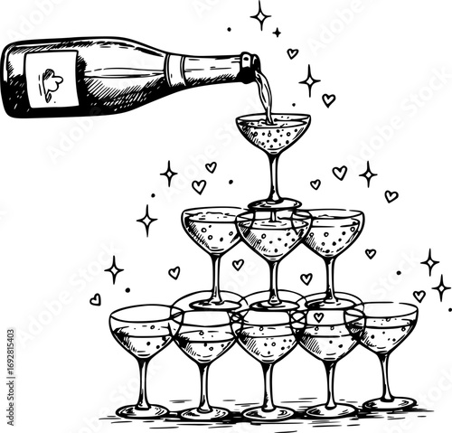 Hand Drawn Champagne Tower Illustration. Bottle Pouring into Stacked Glasses with Hearts and Sparkles for Greeting Cards, Invitations, Posters, Banners and Postcards