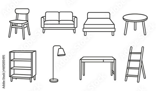 Minimalist furniture set with chair, sofa, bed, table, shelf, lamp, desk, ladder