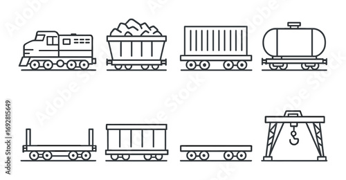 Set of train cars and locomotive icons on dark background