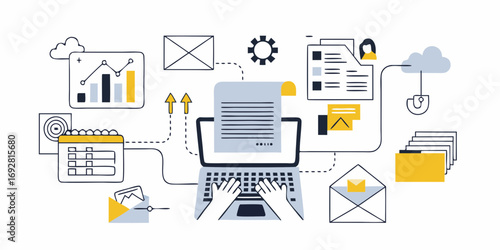 Business workflow and data management concepts illustrated with icons and a laptop