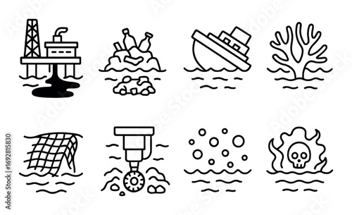 Environmental issues icons depicting oil rig, waste, sinking ship, coral, fishing net, pipes, bubbles, skull