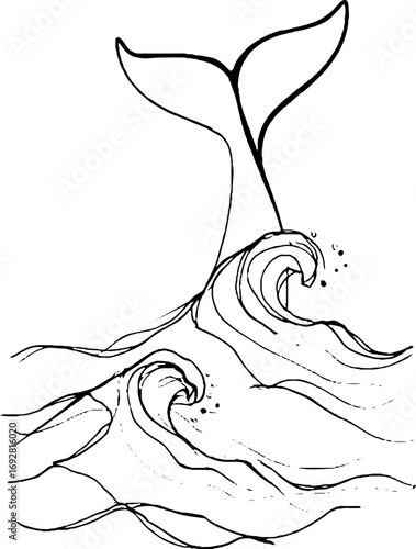 Minimalist line art of whale tail and ocean waves for bohemian decor and tattoo design