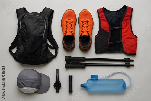 Trail running and hiking gear displayed on a wooden surface, including a vest, shoes, water bottles, and a watch.