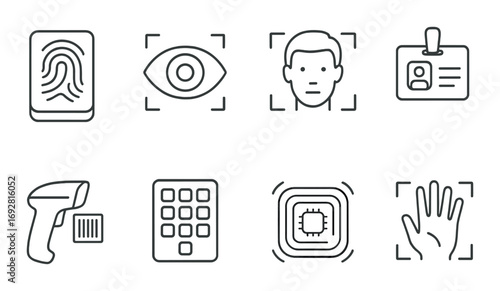 Biometric security icons: fingerprint, eye, face, id, barcode, access code, microchip, hand
