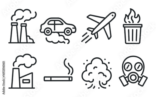 Air pollution icons: factories, waste, airplane, smoking, mask display