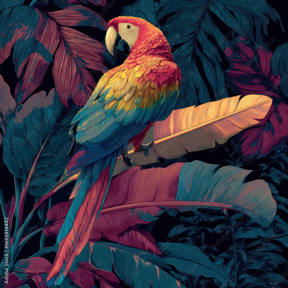 Obraz premium Vibrant Parrot Perched Amidst Lush Tropical Jungle Foliage with Colorful Feather Details in a Lively and Exotic Setting