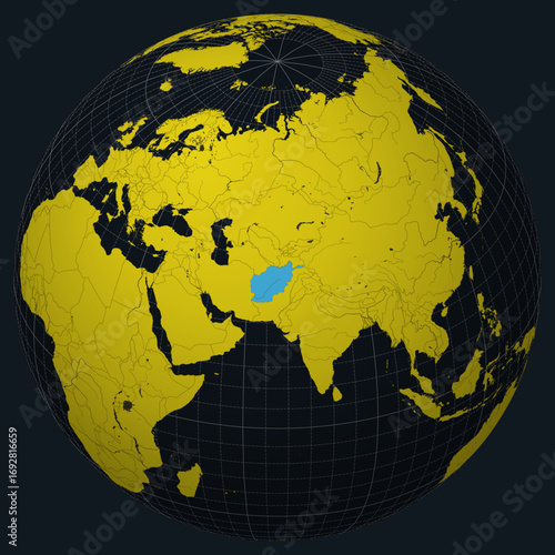 Afghanistan on Globe. Country view on the world map in Charcoal Bright Yellow color palette. Afghanistan shape on map. Globe with meridians, parallels, countries, rivers and lakes.