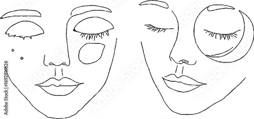 Minimalist line art illustration of abstract faces with geometric elements for bohemian aesthetic designs