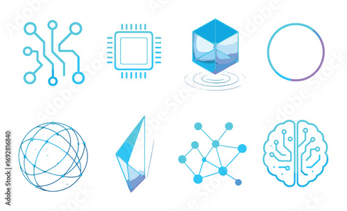 Futuristic neon tech icons: circuit, microchip, cube, sphere, network, pyramid, molecule, brain