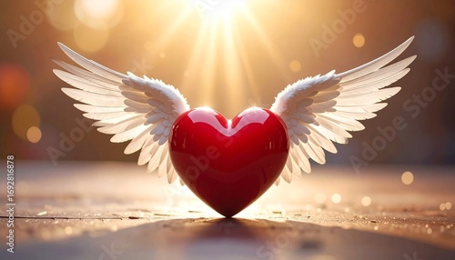 Glossy red heart with white angel wings floating in radiant light, surrounded by soft bokeh, evoking themes of love, purity, and spiritual elevation.