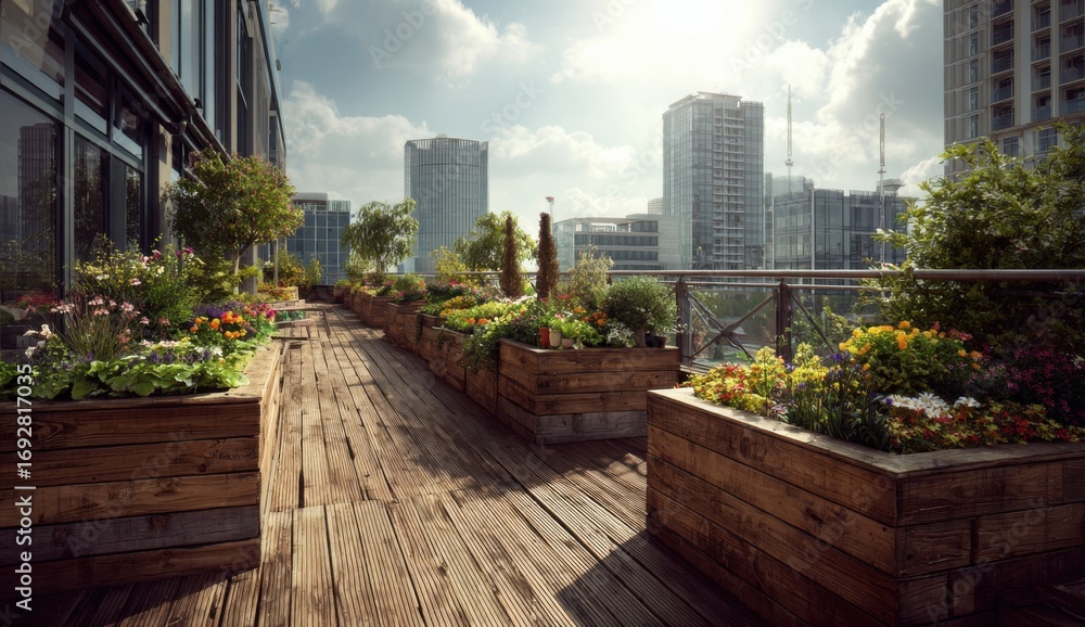 Fototapeta premium Urban rooftop garden walkway under a sunny sky