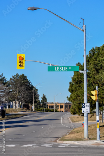 Leslie street  sign and traffic light on the road