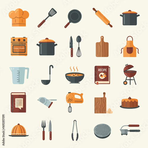 A collection of colorful flat design icons representing various cooking utensils, kitchenware, and culinary items arranged in a grid.