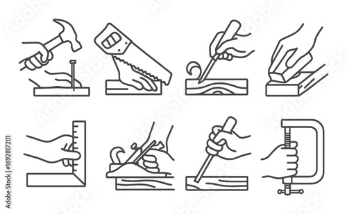 Line art of hand tools in woodworking: hammer, saw, chisel, plane and more