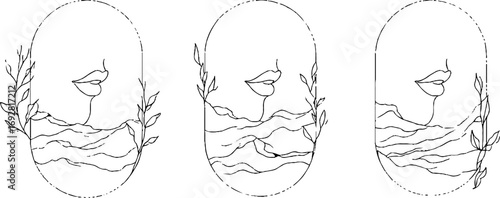 Minimalist line art illustration of abstract face with botanical elements