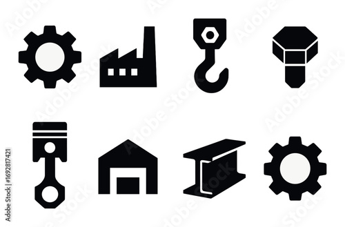 Industrial gear, factory, hook, nut, piston, warehouse, beam icons on dark background