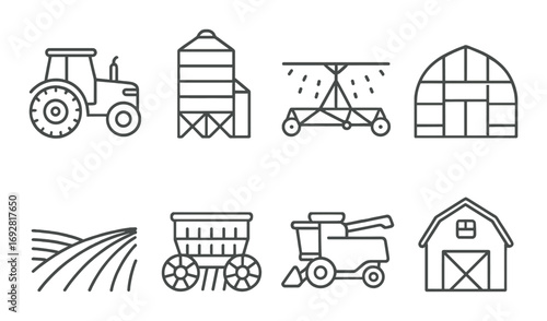 Outline icons of essential farm equipment featuring tractors and silos