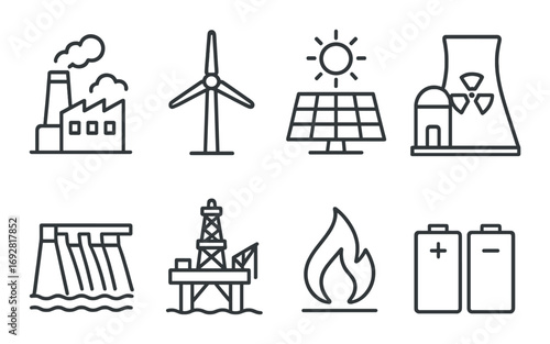 Energy icons: wind, solar, nuclear, hydro, oil, gas, battery