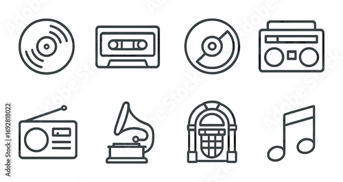 Vintage music icons collection: vinyl, cassette, cd, boombox, radio, gramophone, jukebox, note