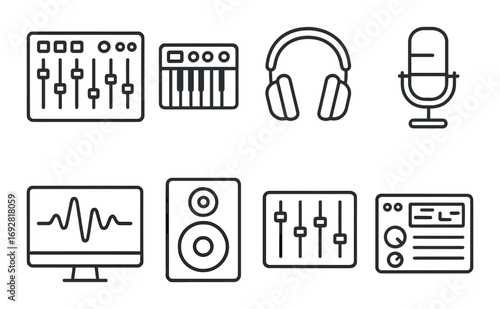 Audio equipment icons with mixer, headphones, microphone, and speakers