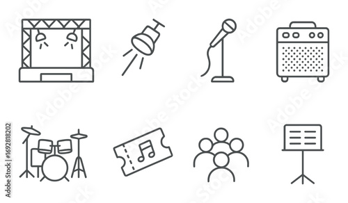 Music concert icons with stage, instruments, and audience on metallic background