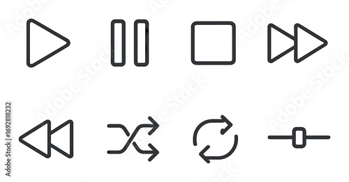 Black gradient media icons: play, pause, stop, rewind, forward, shuffle, repeat, adjust