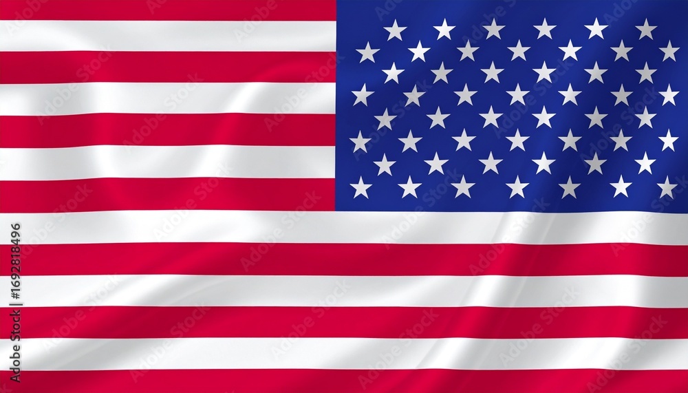 Fototapeta premium United States national flag with thirteen alternating red and white horizontal stripes and blue canton containing fifty white stars in staggered rows, symbolizing original colonies, fifty states, unit